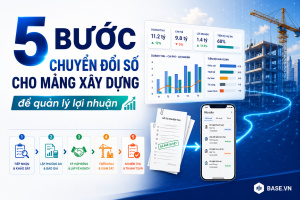 5 bước chuyển đổi số cho mảng xây dựng, giúp doanh nghiệp số hoá vận hành, theo dõi chi phí, doanh thu, tiến độ và quản lý lợi nhuận trên Base.vn.